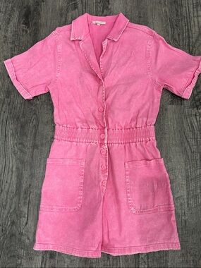 Skies Are Blue Vibrant Pink Short Sleeve Button Romper